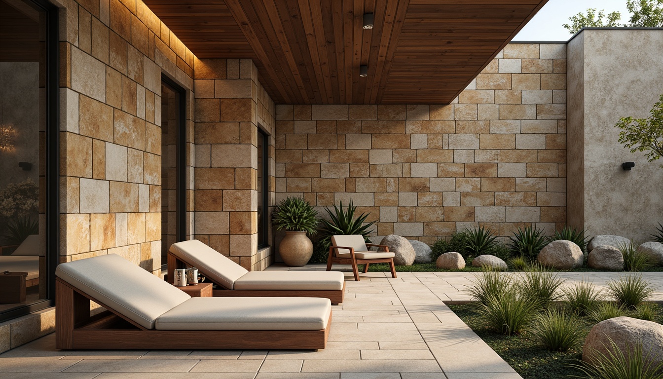 Prompt: Natural stone wall cladding, earthy tones, rustic textures, modern architectural design, sleek lines, minimal ornamentation, organic forms, neutral color palette, luxurious ambiance, warm LED lighting, shallow depth of field, 1/2 composition, realistic rock formations, ambient occlusion, subtle natural patterns, earthenware pottery accents, botanical elements, serene atmosphere.