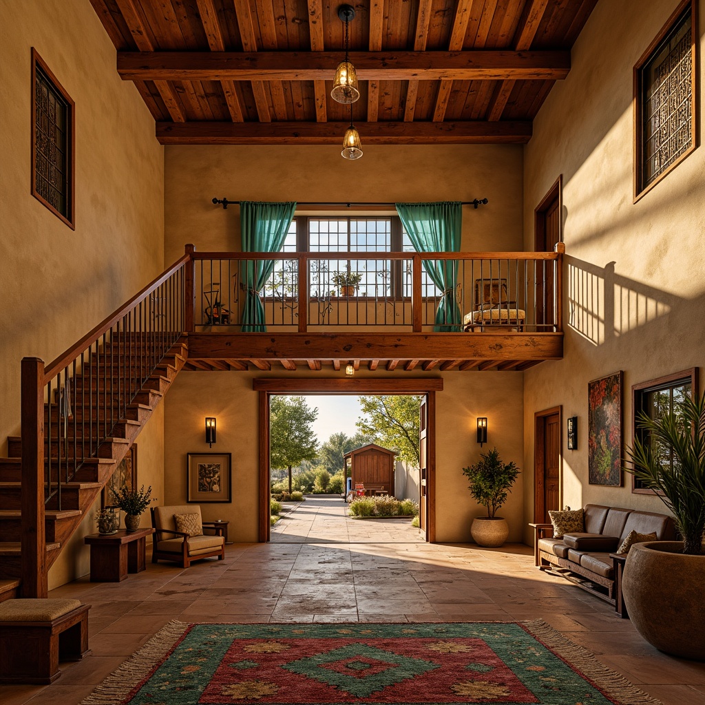 Prompt: Southwestern style staircase, warm golden lighting, rustic wooden banisters, natural stone walls, earthy tone floors, woven rug patterns, vibrant turquoise accents, geometric metal railings, ambient candlelight, soft warm glow, dramatic shadows, high ceiling, grand entrance, open floor plan, 1/1 composition, realistic textures, subtle color grading.