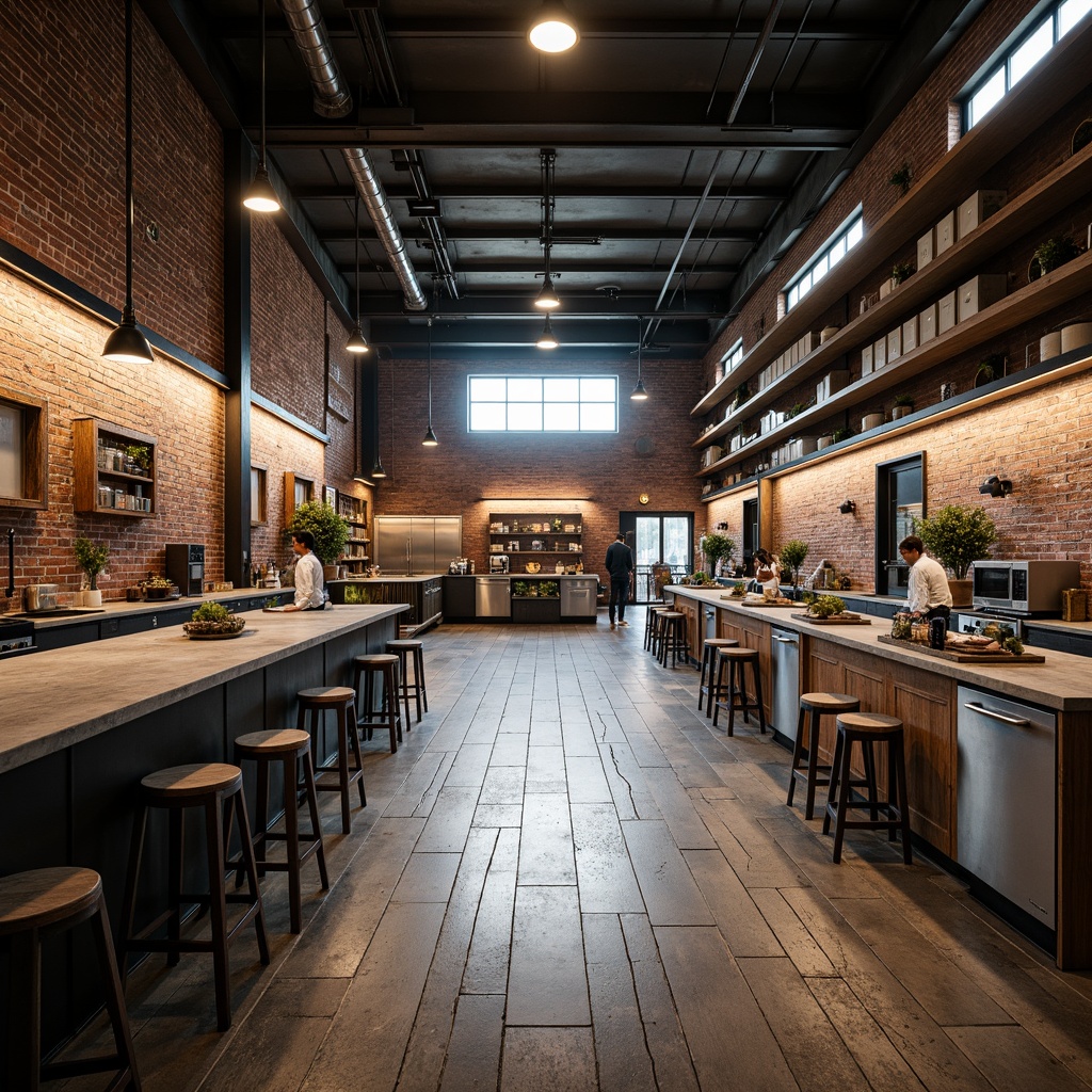 Prompt: Rustic factory interior, exposed brick walls, metal beams, distressed wood floors, industrial-grade lighting fixtures, concrete countertops, stainless steel appliances, metallic color scheme, urban loft ambiance, functional minimalism, overhead cranes, vintage machinery, reclaimed wood accents, edgy modern decor, high-ceiling spaces, natural light pouring in, 1/1 composition, moody atmosphere, cinematic lighting.