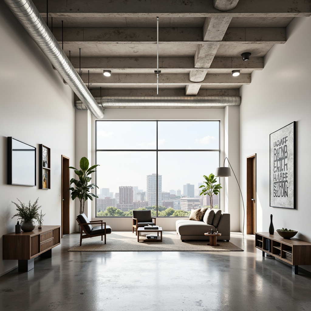 Prompt: Minimalist open-plan living space, natural light-filled interior, neutral color palette, industrial materials, exposed ductwork, polished concrete floors, sleek metal accents, geometric shapes, functional furniture, bold typography, abstract artwork, airy atmosphere, shallow depth of field, 2/3 composition, wide-angle lens, softbox lighting, subtle shadows, ambient occlusion.