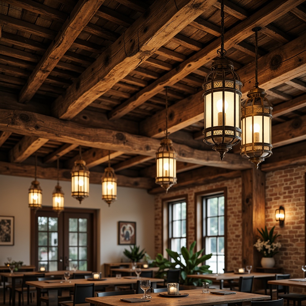 Prompt: Rustic farmhouse interior, distressed wood beams, vintage metal lanterns, ornate chandeliers, industrial pendant lights, exposed brick walls, reclaimed wood accents, classic Art Deco patterns, geometric shapes, metallic accents, earthy color palette, warm ambient lighting, soft glow, 1/1 composition, shallow depth of field, realistic textures, subtle shadows.