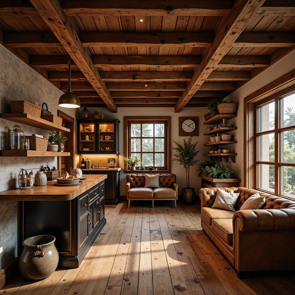 Prompt: Warm wood tones, rustic oak flooring, distressed wooden beams, natural stone walls, earthy color palette, cozy textiles, woven baskets, vintage metalware, antique furnishings, rich leather upholstery, ornate metalwork, decorative trims, classic cabinetry, soft warm lighting, ambient glow, 1/1 composition, shallow depth of field, realistic wood grain textures.