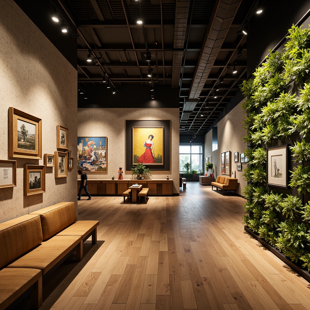 Prompt: Vibrant museum interior, eclectic art displays, natural stone walls, reclaimed wood floors, sustainable energy-efficient lighting, recycled glass exhibits, living green walls, organic fabric upholstery, earthy tone color palette, warm ambiance, soft diffused light, shallow depth of field, 3/4 composition, panoramic view, realistic textures, ambient occlusion.