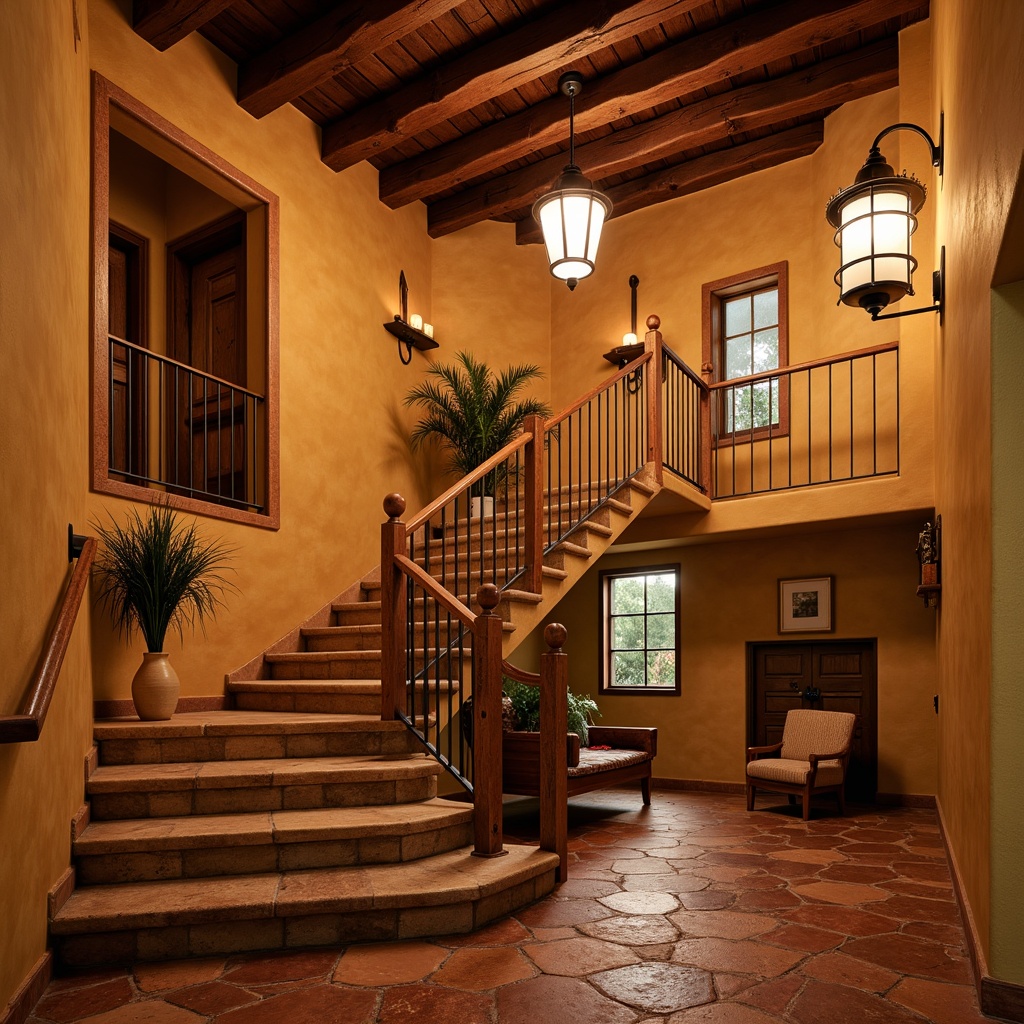 Prompt: Southwestern style staircase, warm golden lighting, rustic wooden handrails, earthy terracotta tiles, natural stone walls, wrought iron balusters, spiral stair design, soft warm glow, pendant lanterns, candles, LED strip lights, ambient occlusion, 3/4 composition, shallow depth of field, realistic textures.