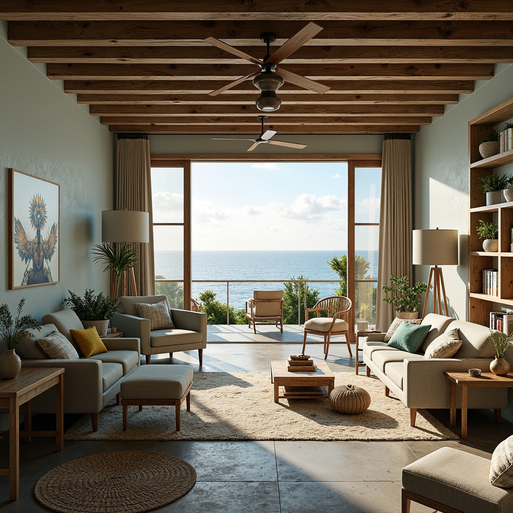 Prompt: Coastal style workspace, ocean-inspired decor, driftwood accents, nautical ropes, vintage marine equipment, distressed wood furniture, soft blue-green color palette, natural textiles, woven sea grass, coral-patterned rugs, floor-to-ceiling windows, sliding glass doors, panoramic ocean views, warm golden lighting, pendant lamps, industrial metal shades, reclaimed wood shelving, beachy vibes, relaxed atmosphere, 1/1 composition, soft focus, shallow depth of field.