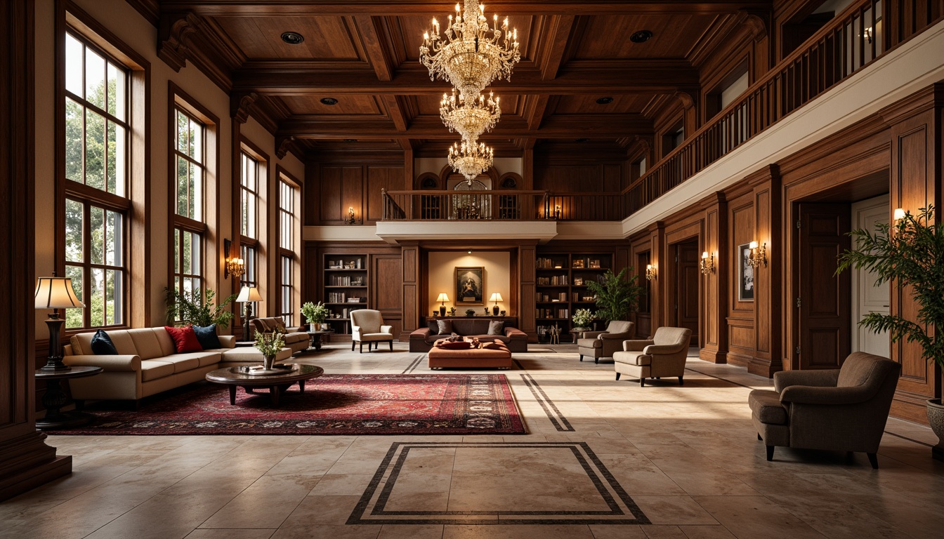 Prompt: Elegant great room, academic style, rich wood flooring, dark walnut panels, polished marble surfaces, luxurious velvet rugs, stately columns, grand chandeliers, comfortable sofas, vintage armchairs, ornate coffee tables, classic bookshelves, warm beige walls, soft cream lighting, shallow depth of field, 1/2 composition, realistic textures, ambient occlusion.