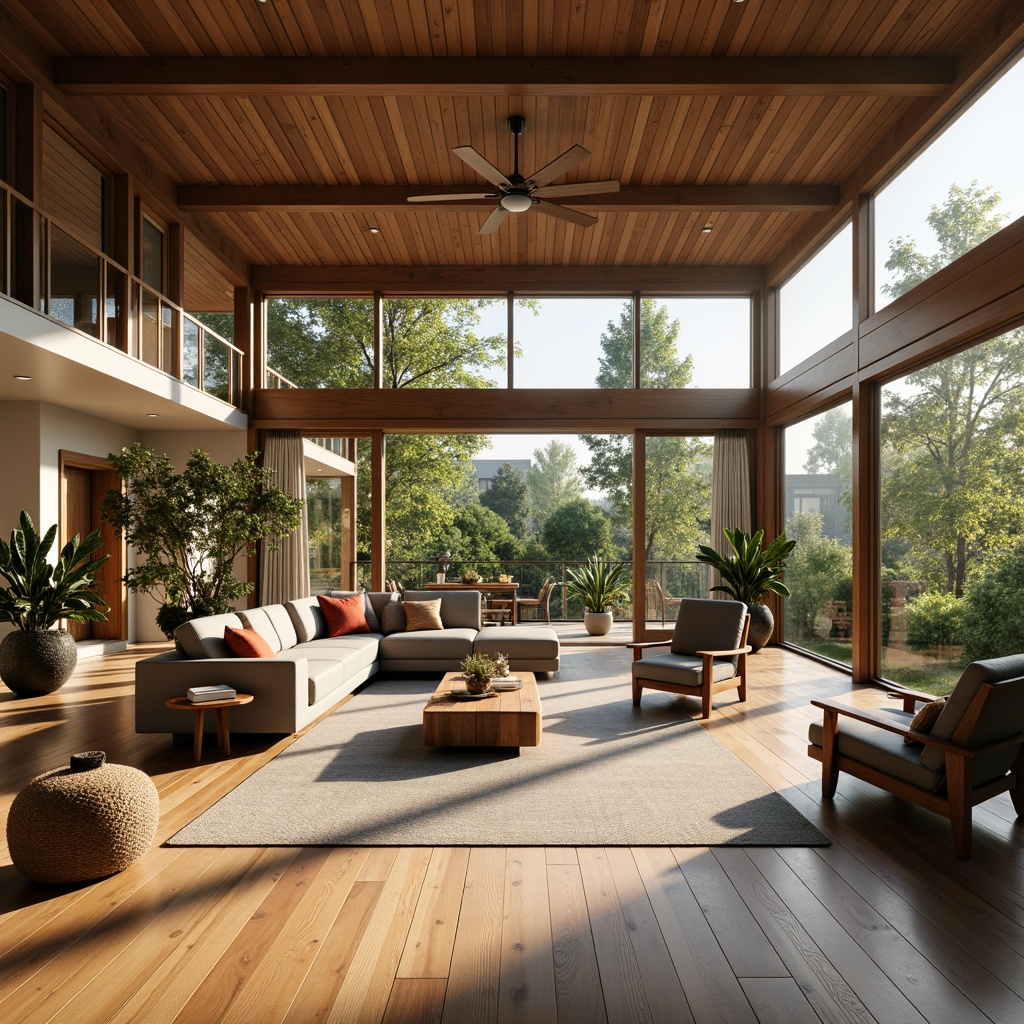 Prompt: Open-plan living area, mid-century modern style, minimalist decor, large windows, sliding glass doors, natural wood flooring, sleek low-profile furniture, geometric patterns, vintage accents, earthy color palette, abundant natural light, soft warm glow, shallow depth of field, 3/4 composition, panoramic view, realistic textures, ambient occlusion, lush greenery, potted plants, statement lighting fixtures, functional decorative screens.