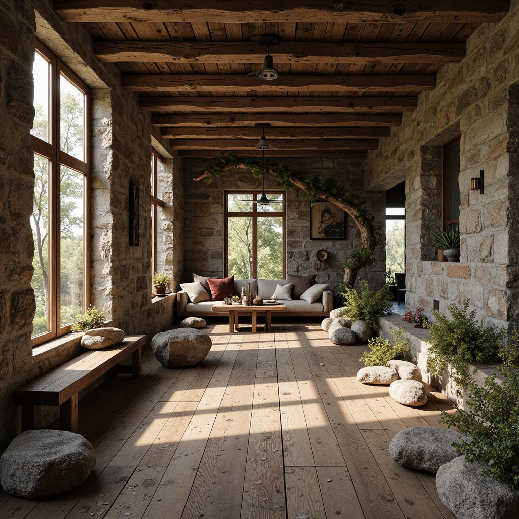 Prompt: Rustic wooden planks, distressed stone walls, rough-hewn boulders, weathered metal accents, reclaimed wood furniture, earthy tone color palette, natural ambiance, soft warm lighting, 1/2 composition, shallow depth of field, realistic textures, ambient occlusion, moss-covered rocks, lichen-draped tree branches, organic shapes, free-form structures, eclectic decorative elements.