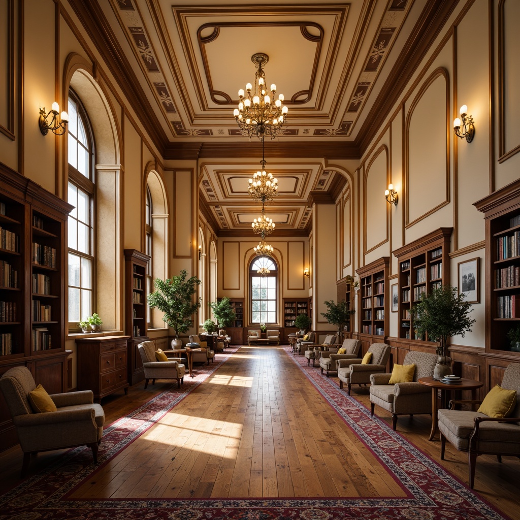 Prompt: Rustic wooden flooring, polished hardwood, warm beige tones, traditional academic atmosphere, grand high ceilings, ornate chandeliers, comfortable seating areas, richly colored rugs, vintage-inspired furniture, classic bookshelves, decorative moldings, soft warm lighting, shallow depth of field, 3/4 composition, realistic textures, ambient occlusion.