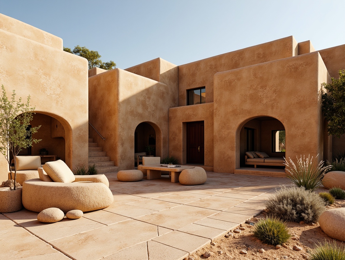 Prompt: Earthy rammed earth walls, organic textures, natural materials, rustic aesthetics, sustainable building methods, earthy tones, brown hues, rough finishes, irregular shapes, curved lines, natural light, warm ambiance, cozy atmosphere, desert landscape, arid climate, traditional construction techniques, eco-friendly architecture, recycled materials, minimal ornamentation, simple forms, earthenware-inspired colors, sandy dunes, cactus plants, hot sunny day.