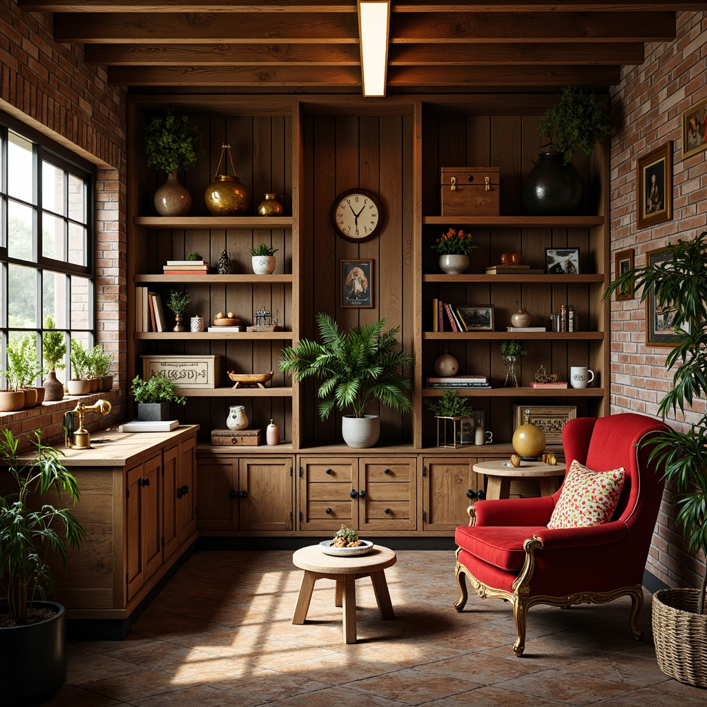 Prompt: Rustic storage room, distressed wooden crates, vintage metal shelving, eclectic decorative objects, bold colorful accents, textured brick walls, industrial-style lighting, reclaimed wood flooring, ornate antique furniture, rich velvet drapes, warm golden lighting, shallow depth of field, 1/1 composition, realistic textures, ambient occlusion.