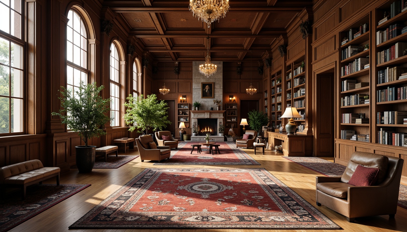 Prompt: Elegant great room, academic style, dark wood flooring, rich walnut tones, traditional paneling, ornate moldings, high ceilings, large windows, natural light, comfortable seating areas, plush carpets, sophisticated color palette, earthy brown hues, warm beige accents, rustic stone fireplaces, grand chandeliers, classic furniture pieces, leather-bound books, vintage rugs, soft warm lighting, shallow depth of field, 1/1 composition, realistic textures.