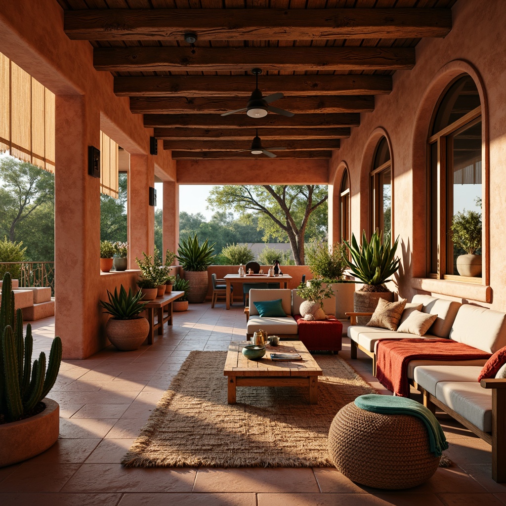 Prompt: Warm desert ambiance, rustic wooden accents, earthy terracotta tones, vibrant turquoise hues, woven textiles, natural fiber rugs, reclaimed wood ceilings, exposed brick walls, industrial metal lighting fixtures, pendant lanterns, candles, warm golden glow, soft diffused light, dramatic shadows, cozy nooks, intimate spaces, relaxed atmosphere, sunset-inspired color palette, cacti silhouettes, desert botanicals, Southwestern patterns, geometric motifs, earthy ceramics, woven baskets.