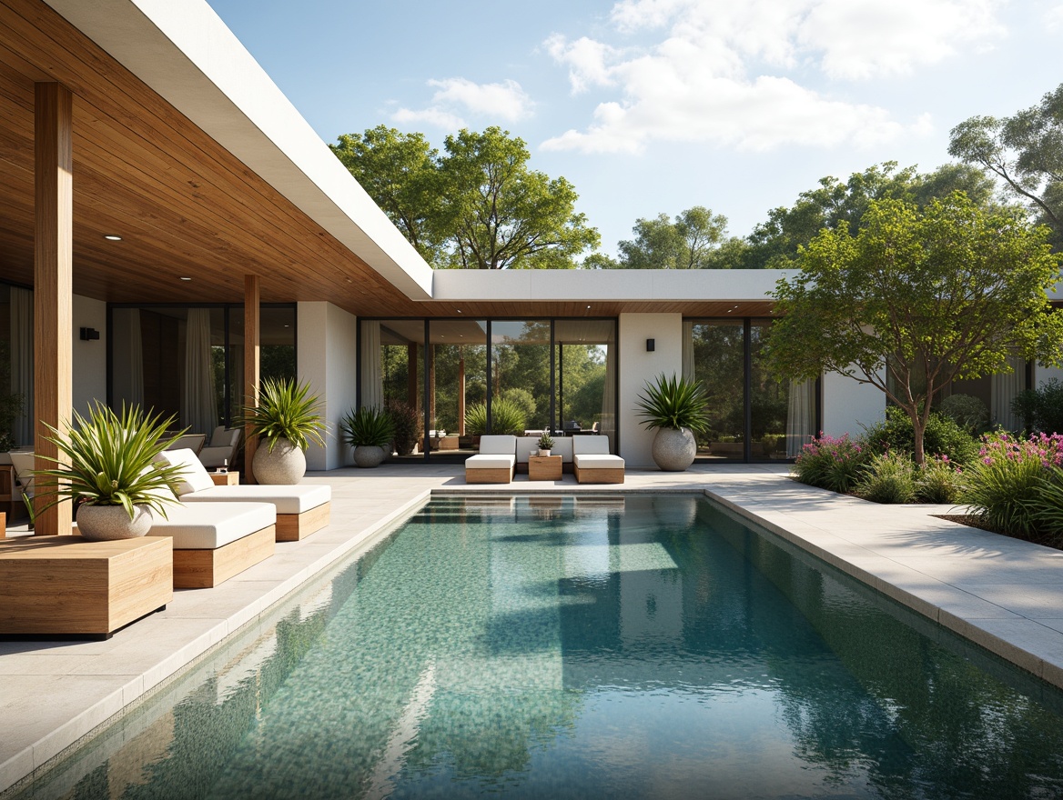 Prompt: Spacious villa, modern minimalist architecture, vast open spaces, floor-to-ceiling windows, sliding glass doors, natural stone floors, sleek wooden accents, lush greenery, vibrant flowers, private outdoor pool, infinity edge, sunny day, warm soft lighting, shallow depth of field, 3/4 composition, panoramic view, realistic textures, ambient occlusion, luxurious furniture, plush textiles, sophisticated color palette.