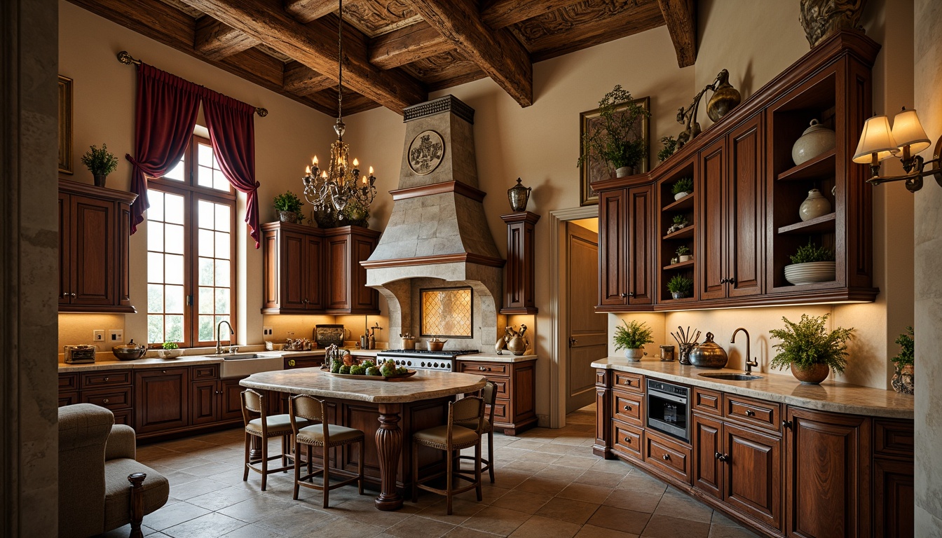 Prompt: Ornate Baroque kitchen, rich wood cabinetry, intricately carved stone countertops, golden hardware fixtures, lavish velvet drapes, warm beige walls, ornamental plaster ceiling, crystal chandelier, natural stone flooring, rustic wooden beams, distressed metal accents, vintage cooking utensils, warm candlelight, shallow depth of field, 2/3 composition, soft focus, atmospheric perspective.