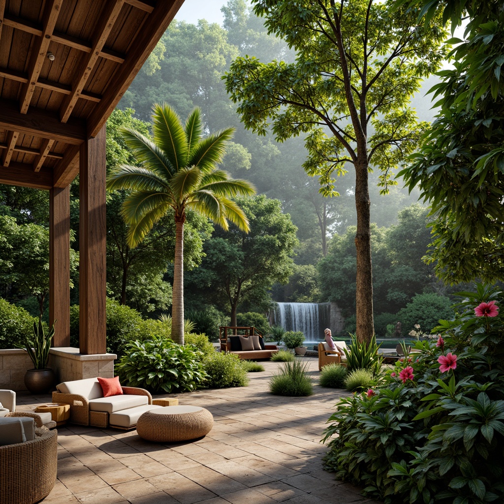 Prompt: Lush tropical rainforest, exotic palm trees, vibrant hibiscus flowers, natural stone walls, reclaimed wood accents, earthy tone color palette, organic shapes, woven rattan furniture, soft warm lighting, shallow depth of field, 3/4 composition, panoramic view, realistic textures, ambient occlusion, open-air pavilion, bamboo ceiling, living green walls, waterfall feature, misting system, natural ventilation, sustainable design principles.