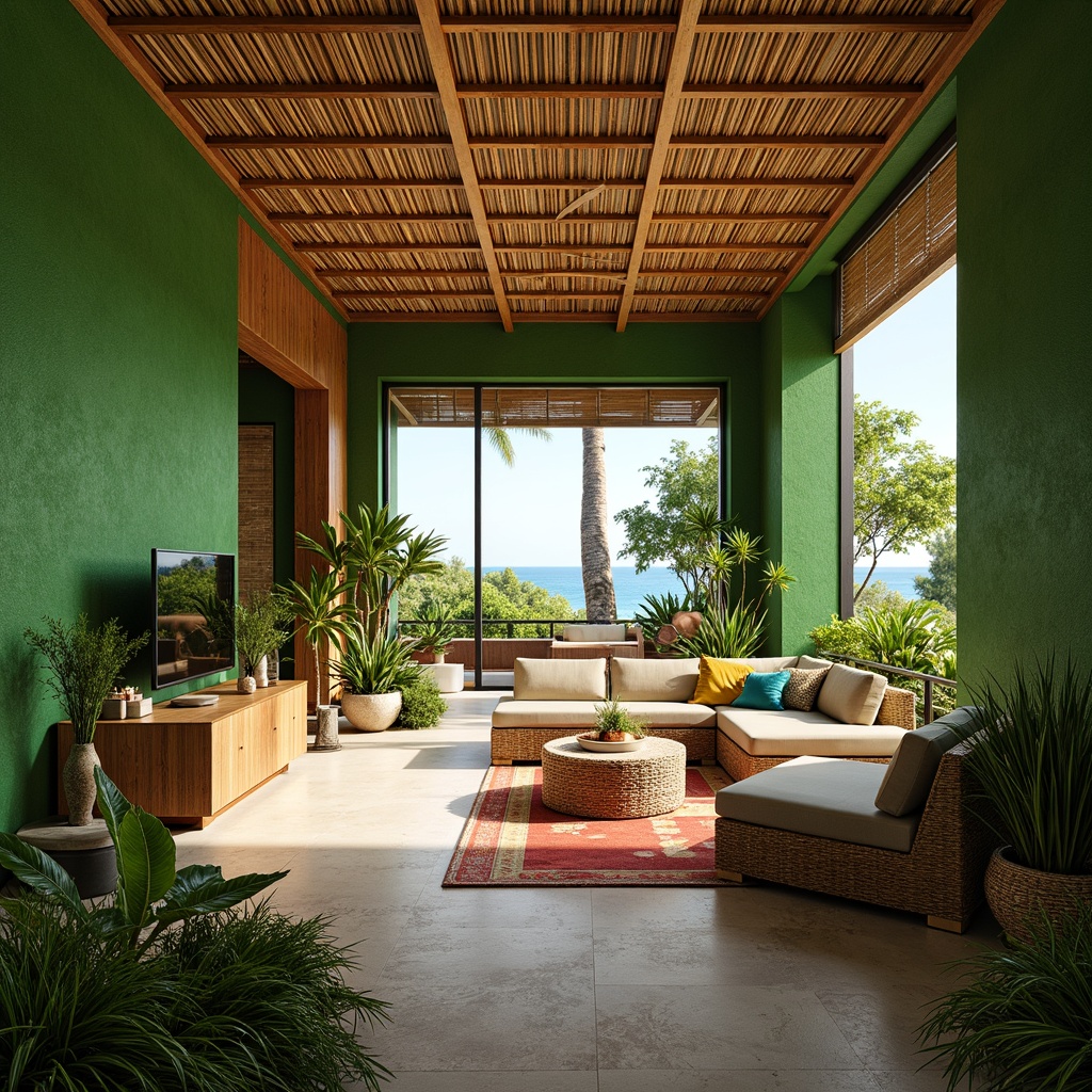 Prompt: Vibrant tropical interior, lush green walls, exotic plants, natural wood accents, woven rattan furniture, colorful textiles, woven bamboo shades, soft warm lighting, shallow depth of field, 1/1 composition, realistic plant textures, ambient occlusion, modern minimalist architecture, floor-to-ceiling windows, sliding glass doors, ocean views, sunny day, gentle sea breeze.