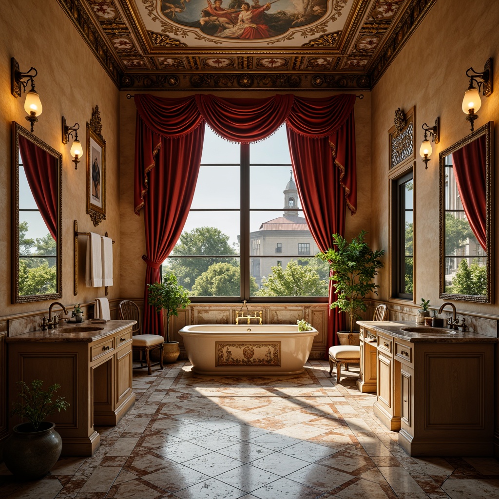 Prompt: Luxurious Renaissance-style bathroom, ornate marble countertops, intricately patterned ceramic floor tiles, warm golden lighting, lavish velvet drapes, antique bronze fixtures, distressed wood cabinetry, richly textured stone walls, ornamental fresco ceilings, soft focus photography, shallow depth of field, 1/2 composition, natural ambient light, realistic reflections, detailed normal maps.