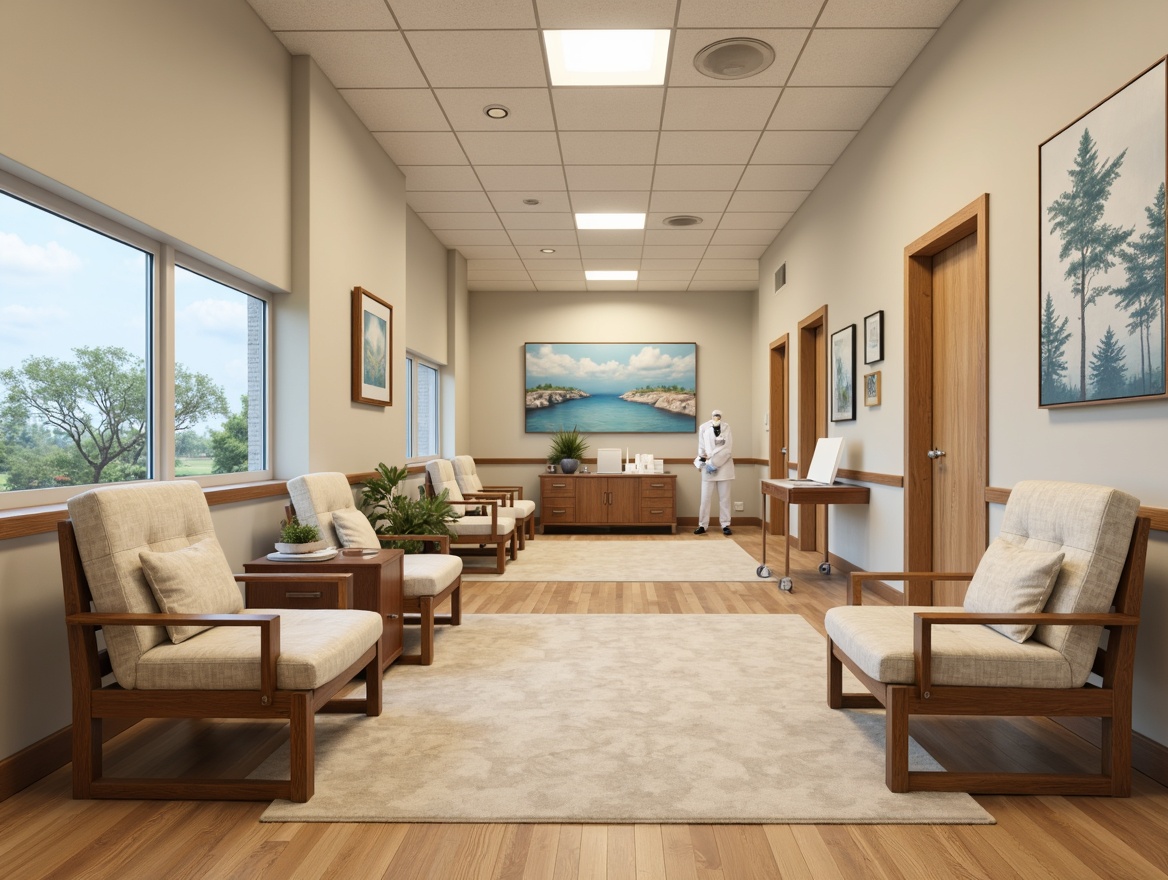 Prompt: Cozy healthcare facility, calming ambiance, soft beige walls, comfortable patient chairs, sturdy oak wood frames, plush cushions, gentle recline functions, adjustable armrests, soothing blue accents, natural light infusion, warm wooden flooring, minimal medical equipment visibility, peaceful artwork displays, serene waiting areas, quiet private rooms, soft-close drawers, ergonomic nurse stations, calming color schemes, rounded corner designs, accessible storage units, easy-clean surfaces, subtle patterned upholstery.