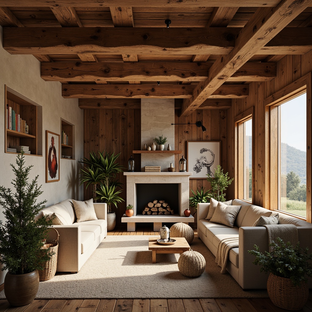 Prompt: Rustic farmhouse interior, reclaimed wood accents, distressed wooden beams, warm earthy tones, natural textures, vintage metal hardware, wooden lanterns, stone fireplaces, cozy nooks, plush throw blankets, woven baskets, potted greenery, soft warm lighting, shallow depth of field, 1/1 composition, intimate atmosphere, realistic wood grains, ambient occlusion.