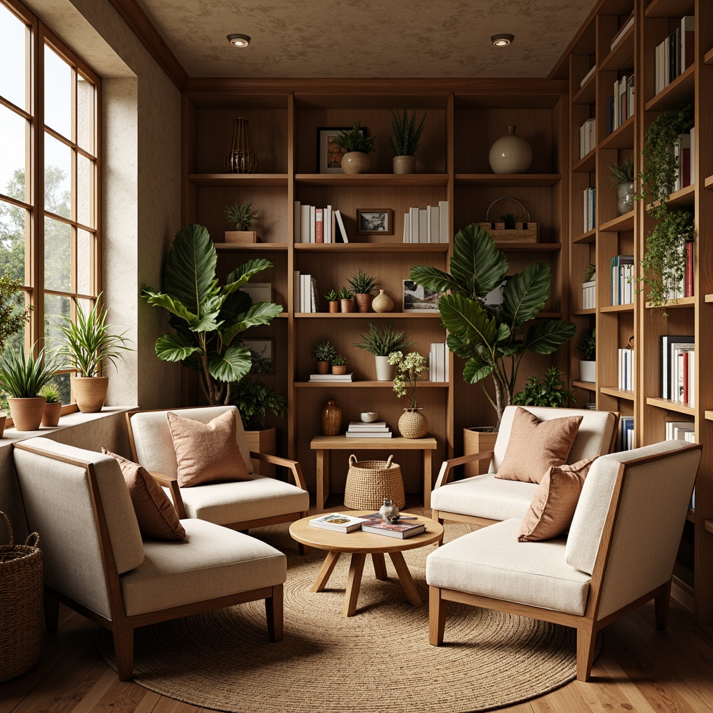 Prompt: Cozy reading nook, plush throw pillows, soft velvet fabrics, warm beige tones, natural wood accents, floor-to-ceiling bookshelves, comfortable oversized armchairs, rustic wooden tables, woven basket storage, earthy terracotta pots, lush greenery, warm afternoon sunlight, soft diffused lighting, shallow depth of field, 1/1 composition, intimate atmosphere, realistic textures.