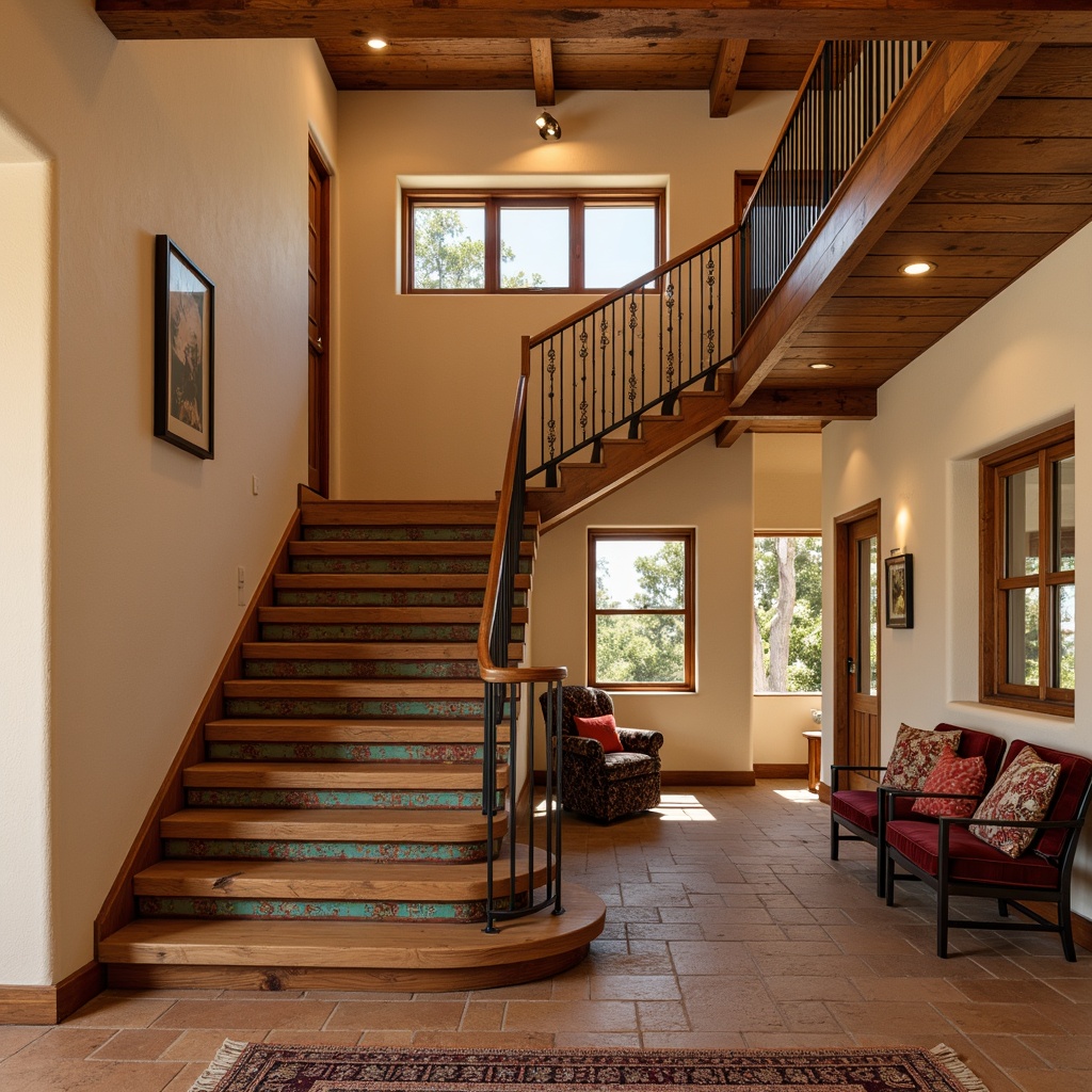 Prompt: Southwestern staircase, warm earthy tones, natural wood treads, richly grained walnut, rustic wooden handrails, ornate metal balusters, desert-inspired patterns, vibrant turquoise accents, woven wool runner, soft warm lighting, shallow depth of field, 3/4 composition, realistic textures, ambient occlusion.