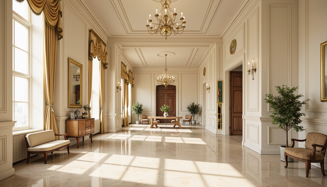 Prompt: Elegant neoclassical interior, cream marble floors, ornate moldings, gilded accents, rich wood paneling, velvet upholstery, subtle pastel hues, soft ivory walls, crystal chandeliers, intricate carvings, luxurious fabrics, refined proportions, symmetrical composition, warm golden lighting, shallow depth of field, 1/1 aspect ratio, realistic textures, ambient occlusion.