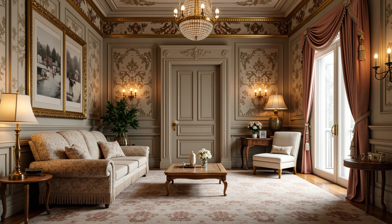 Prompt: Luxurious velvet fabrics, intricate golden embroidery, soft pastel hues, ornate silk brocades, delicate lace trimmings, rich satin drapes, plush carpeting, elegant tassel details, French Renaissance-inspired patterns, opulent crystal chandeliers, warm candlelight, subtle sheen finishes, distressed wood accents, gilded mirrors, antique furnishings, lavish upholstery, refined Rococo-era motifs, ornate carvings, subtle texture contrasts.