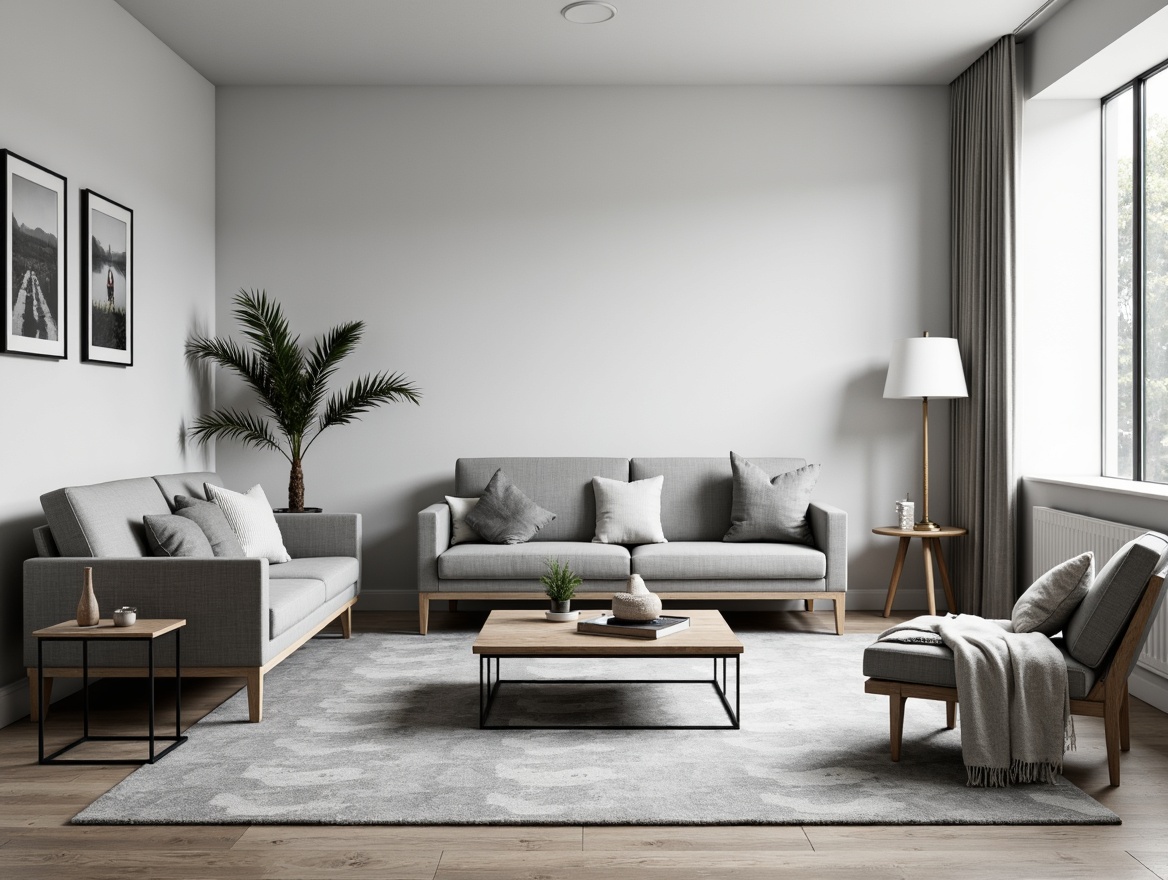 Prompt: Monochromatic interior, sleek furniture, low-profile sofas, minimalist coffee tables, geometric-shaped decor, industrial metal legs, matte black finishes, oak wood accents, natural textiles, subtle patterns, ample negative space, soft diffused lighting, 1-point perspective, shallow depth of field, symmetrical composition, modern Scandinavian influences.