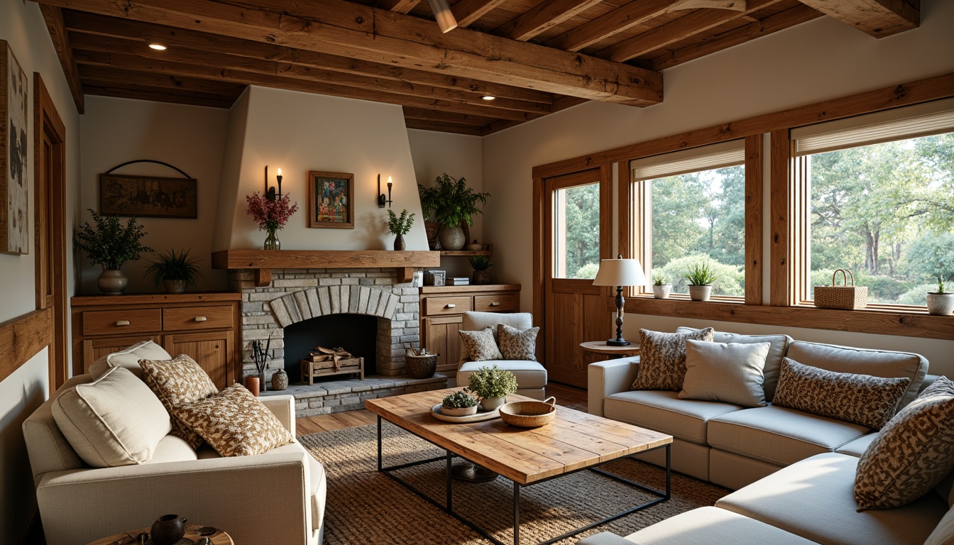 Prompt: Cozy cabin, wooden accents, earthy tones, natural textures, reclaimed wood, vintage decor, warm lighting, comfortable seating, plush throw blankets, stone fireplace, rustic metal frames, distressed finishes, farmhouse style, shabby chic elements, soft pastel colors, nature-inspired patterns, organic shapes, eclectic accessories, warm beige walls, creamy white trim, wooden floorboards, lantern-style lighting, moody atmosphere.