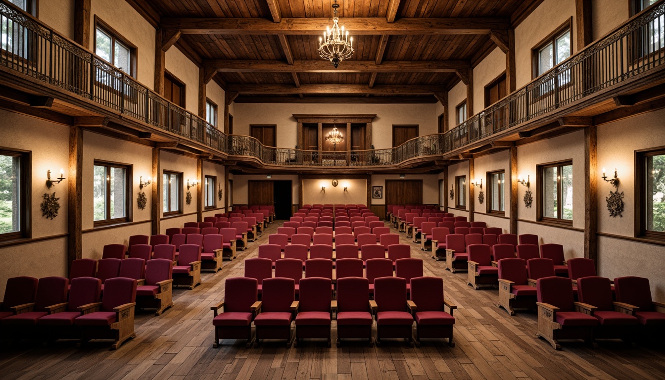 Prompt: Rustic wooden auditorium, vintage French country style, distressed stone walls, ornate metal railings, plush velvet seats, rich burgundy upholstery, gold accents, intricate carvings, soft warm lighting, shallow depth of field, 1/1 composition, symmetrical layout, curved rows, tiered seating, comfortable legroom, ample aisles, elegant chandeliers, decorative molding, wooden floorboards, ornate plaster ceiling, classic country charm, cozy intimate atmosphere, morning natural light, soft shadows.