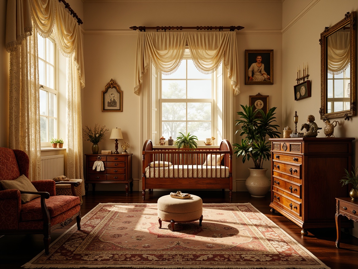 Prompt: Lavish nursery, ornate crib, intricately carved wooden furniture, plush velvet upholstery, golden accents, delicate lace curtains, soft cream walls, richly patterned rugs, antique toys, vintage baby clothes, warm candlelight, shallow depth of field, 1/1 composition, warm beige colors, realistic textures, ambient occlusion.