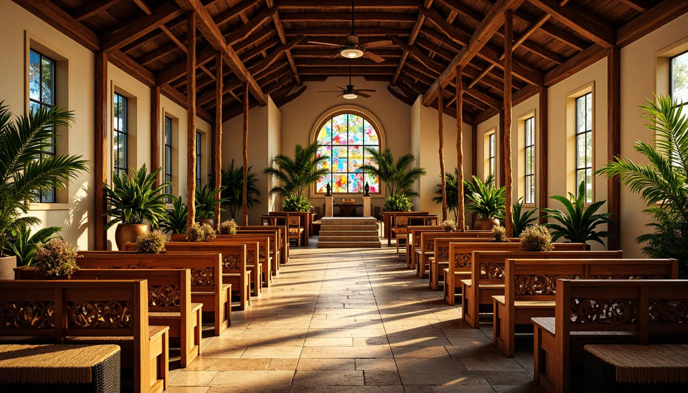 Prompt: Vibrant tropical church interior, wooden pews with carvings of palm trees and floral patterns, colorful stained glass windows, intricate stone flooring, rustic wooden beams, natural fiber textiles, woven rattan furniture, carved wooden altars, exotic flower arrangements, lush greenery, warm golden lighting, soft focus, 1/1 composition, serene atmosphere, realistic wood textures, ambient occlusion.