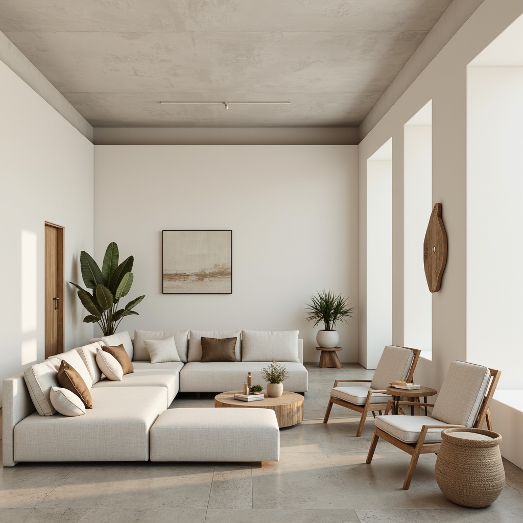 Prompt: Monochromatic interior, soft creamy whites, gentle beige tones, subtle gray hues, warm taupe accents, minimalist decor, sleek low-profile furniture, polished concrete floors, industrial chic lighting, sparse greenery, natural textiles, linen upholstery, calm atmosphere, soft diffused light, shallow depth of field, 1/1 composition, realistic textures.