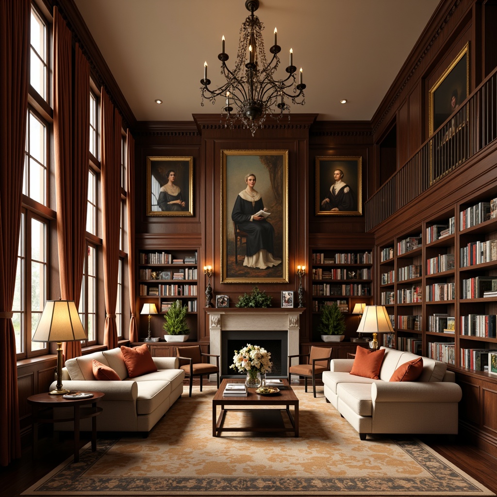 Prompt: Spacious great room, academic style furniture, dark wood paneling, comfortable sofas, accent chairs, wooden coffee tables, floor lamps, bookshelves, rich velvet drapes, warm beige carpets, elegant chandeliers, traditional oil paintings, classic novels, leather-bound books, ornate mirrors, sophisticated color palette, soft warm lighting, 1/1 composition, symmetrical balance, realistic textures, subtle ambient occlusion.