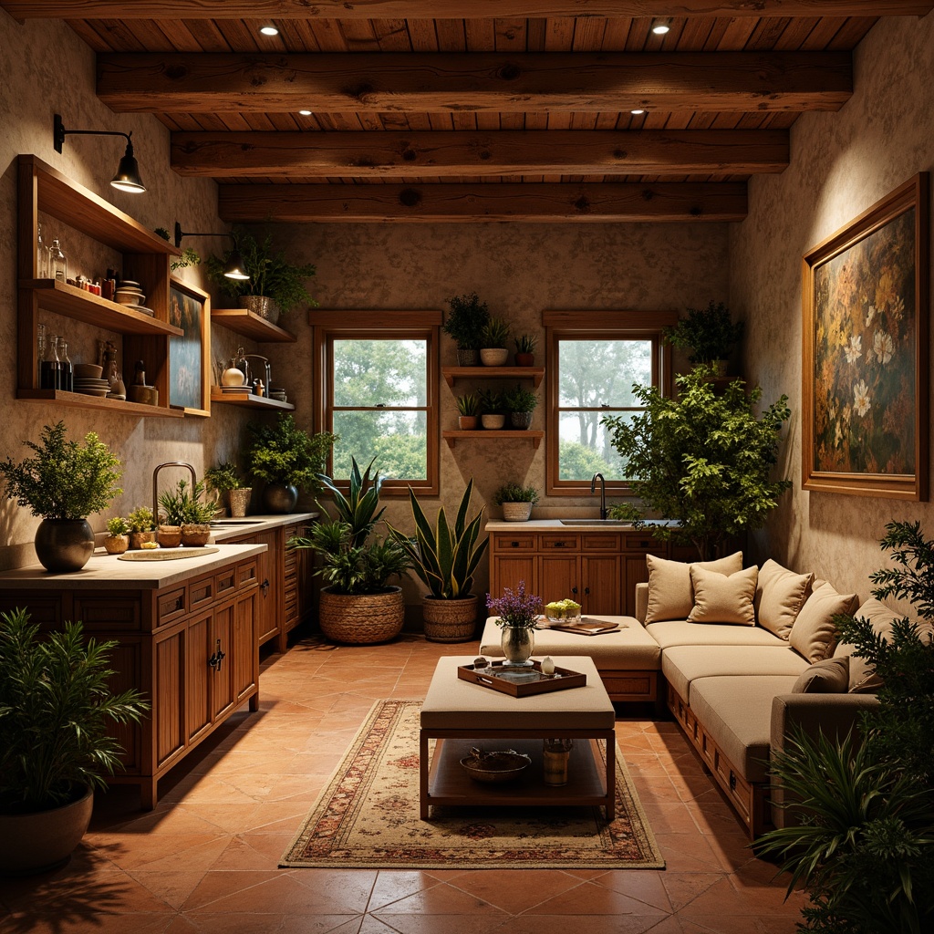 Prompt: Rich wooden cabinetry, warm bronze accents, earthy terracotta tiles, lush greenery, natural stone countertops, rustic wooden shelves, soft creamy lighting, cozy intimate atmosphere, 3/4 composition, shallow depth of field, warm color harmony, vintage decorative items, metallic sheen, luxurious velvet upholstery.