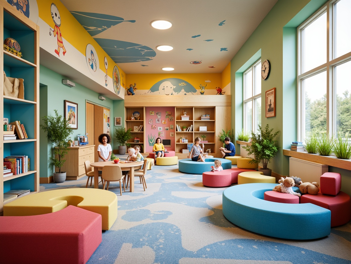 Prompt: Vibrant kindergarten, playful learning environment, bright primary colors, pastel shades, whimsical murals, interactive art installations, rounded furniture edges, soft plush carpets, natural wood accents, ergonomic seating areas, collaborative play zones, sensory exploration stations, educational display boards, colorful storage bins, imaginative reading nooks, cozy quiet corners, calming blue tones, stimulating yellow hues, creative thinking spaces, flexible modular layouts, abundant natural light, warm sunny days, shallow depth of field, 1/2 composition, realistic textures, ambient occlusion.