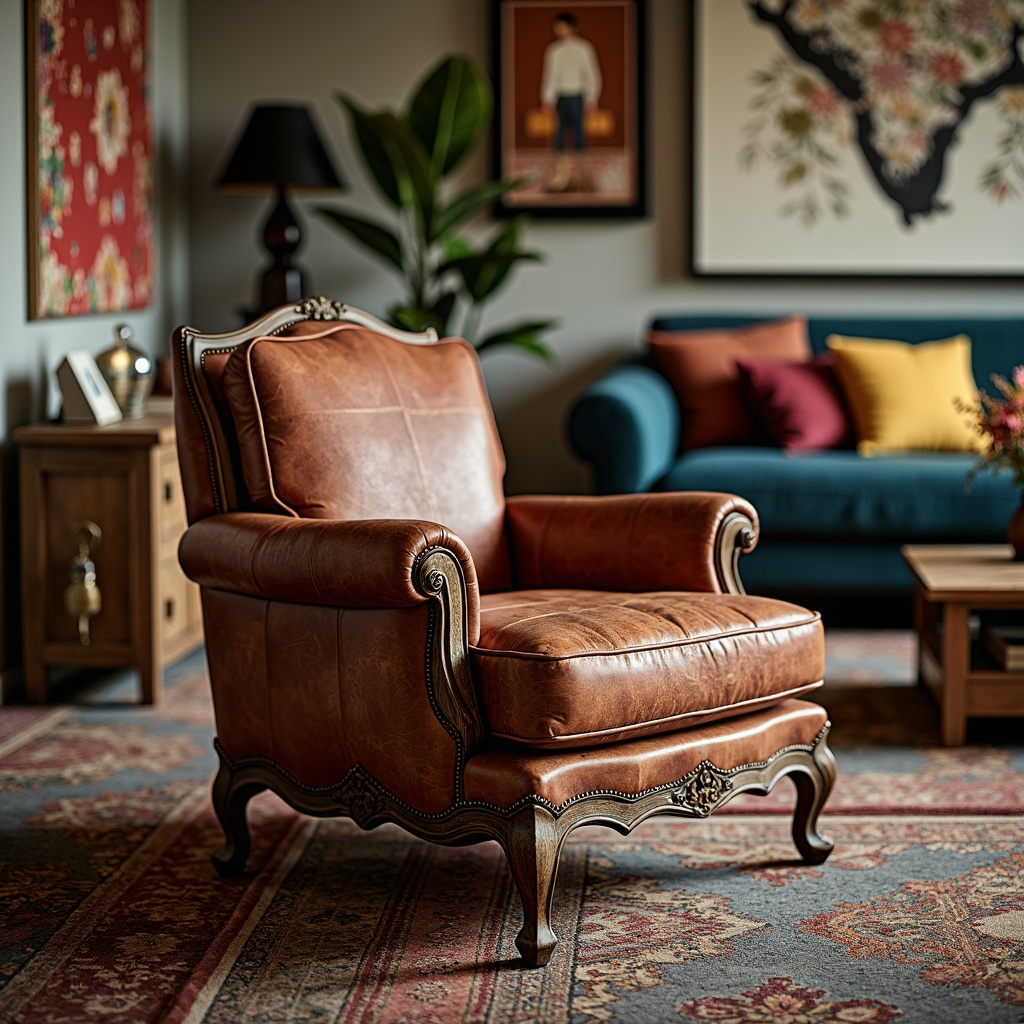 Prompt: Vintage armchair, distressed leather upholstery, ornate wooden legs, plush velvet sofa, bold colorful patterns, eclectic mix-and-match furniture, reclaimed wood coffee table, industrial metal lamp, abstract artwork, bohemian-inspired textiles, Moroccan-tiled floor, natural fiber rugs, warm ambient lighting, shallow depth of field, 1/2 composition, soft focus effect, realistic materials, atmospheric rendering.