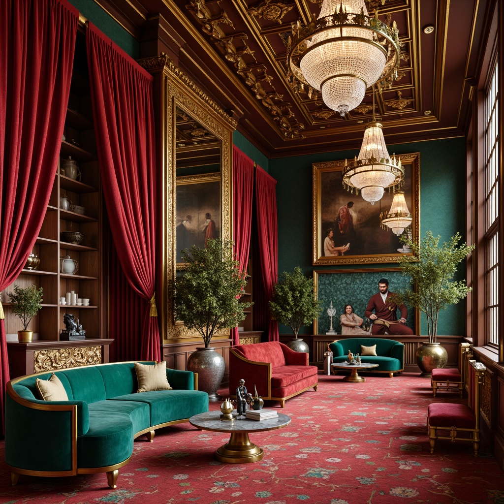 Prompt: Rich velvet drapes, ornate gilded frames, lavish crystal chandeliers, plush crimson carpets, intricate copper filigree, warm golden accents, luxurious emerald green upholstery, decadent bronze statues, opulent marble columns, vibrant turquoise mosaics, whimsical floral patterns, soft warm lighting, shallow depth of field, 1/2 composition, realistic textures, ambient occlusion.