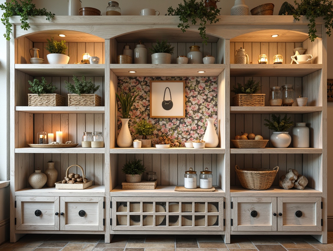 Prompt: Rustic wooden shelving units, distressed finishes, vintage metal brackets, ornate wooden corbels, soft pastel color palette, warm candle lighting, reclaimed wood accents, woven wicker baskets, antique apothecary jars, decorative ceramic tiles, floral patterns, lace trim details, distressed metal signs, shabby-chic decorative accessories, open shelving displays, farmhouse-style rustic crates, mason jar displays, natural stone flooring, earthy color tones, soft focus photography, 1/2 composition, realistic textures, warm ambient lighting.