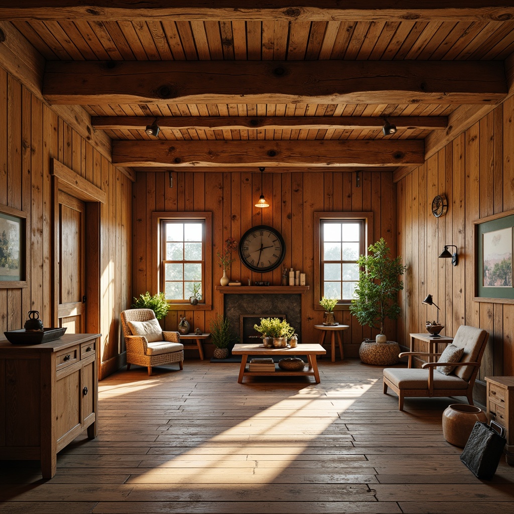 Prompt: Rustic farmhouse interior, warm wood finishes, reclaimed wooden beams, distressed textures, earthy tones, natural materials, vintage decorative items, cozy atmosphere, soft warm lighting, shallow depth of field, 1/1 composition, realistic wood grains, ambient occlusion, classic country style, wooden floors, wooden furniture, natural fabrics, earthy color palette, farmhouse decorations, antique accessories.