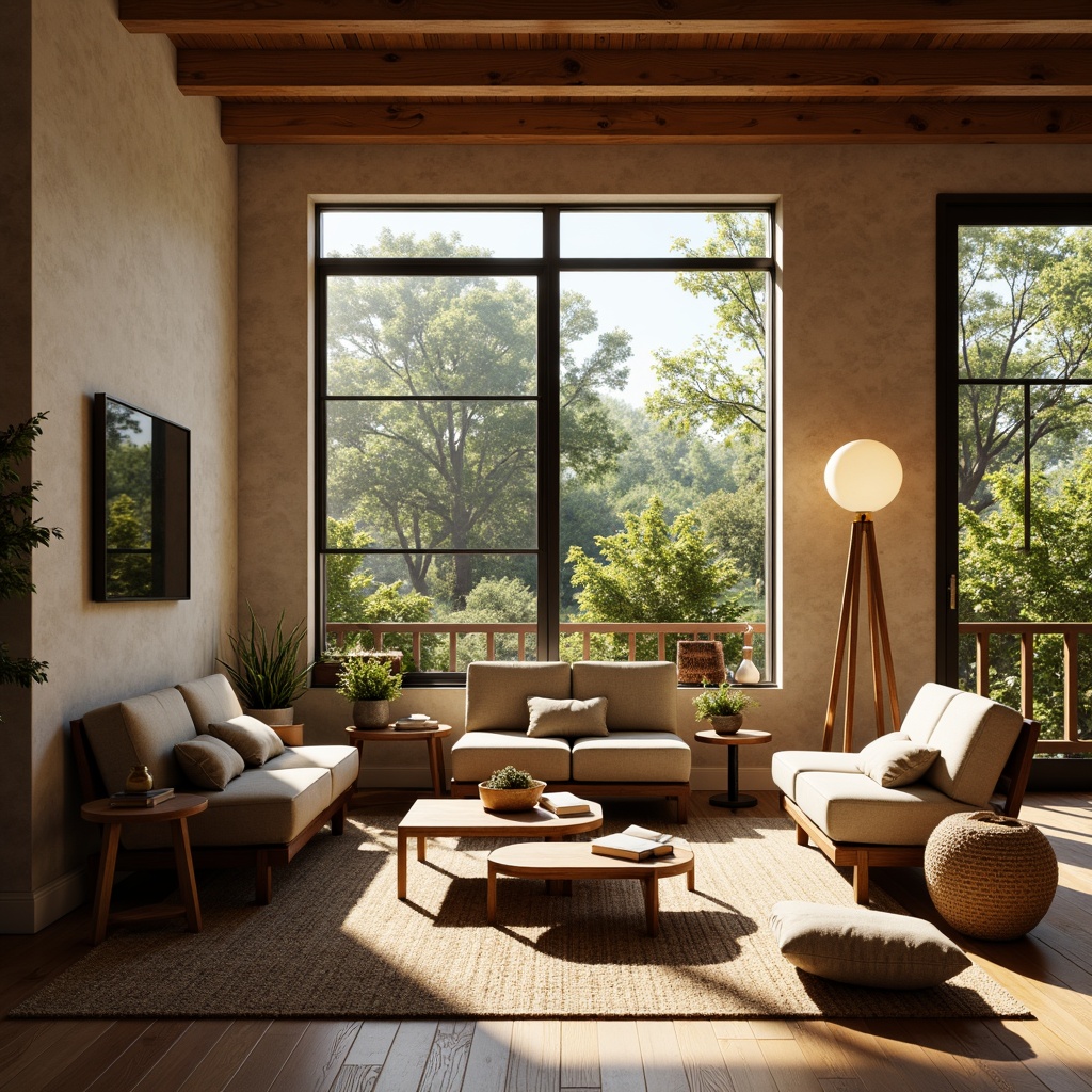 Prompt: Warm mid-century modern living room, large windows, natural light pouring in, wooden floorings, minimalist furniture, geometric patterns, earthy tones, pendant lamps, table lamps, floor lamps, warm soft lighting, cozy atmosphere, relaxed vibe, 1/1 composition, shallow depth of field, realistic textures, ambient occlusion.