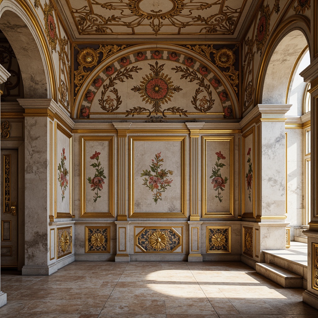 Prompt: Intricate Renaissance-inspired tile pattern, ornate floral motifs, classical architectural elements, distressed stone textures, warm earthy tones, golden accents, ornamental borders, hand-painted details, realistic cracks, aged patina, subtle wear effects, natural stone flooring, elegant curvature lines, classic symmetry, grandiose scale, luxurious ambiance, soft warm lighting, 1/1 composition, detailed textures, ambient occlusion.