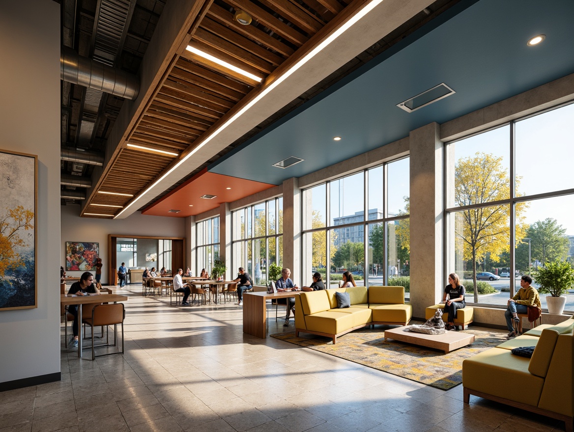 Prompt: Vibrant campus interior, contemporary style, bold color palette, rich wood accents, sleek metal frames, comfortable lounge seating, abstract artwork, geometric patterns, natural light pouring in, floor-to-ceiling windows, modern minimalism, industrial chic touches, exposed ductwork, polished concrete floors, earthy tones, calming blues, energizing yellows, deep charcoal grays, warm beige neutrals, 3/4 composition, realistic textures, ambient occlusion.