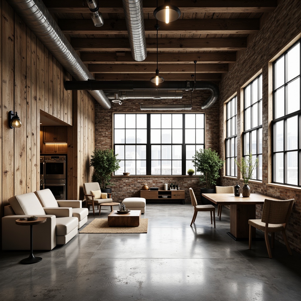 Prompt: Industrial interior with metal accents, exposed ductwork, polished concrete floors, reclaimed wood walls, modern minimalist furniture, urban loft atmosphere, natural light pouring in through large windows, metal beams, industrial-style lighting fixtures, distressed finishes, vintage decorative elements, rich textures, warm neutral color palette, shallow depth of field, 1/2 composition, realistic metallic reflections.