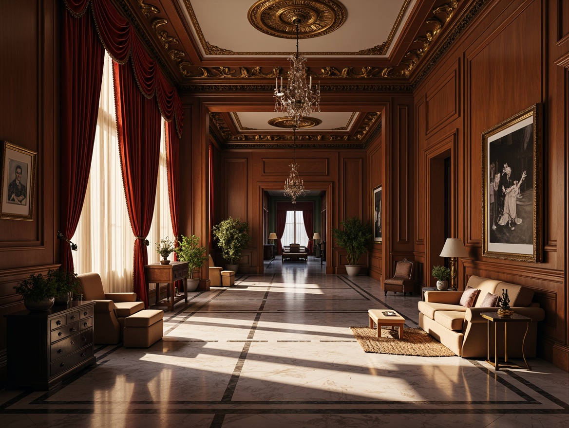 Prompt: Ornate neoclassical interior, rich velvet drapes, luxurious marble flooring, intricate wooden paneling, gilded ornamental details, crystal chandeliers, opulent furnishings, subtle color palette, warm golden lighting, shallow depth of field, 2/3 composition, realistic textures, ambient occlusion.