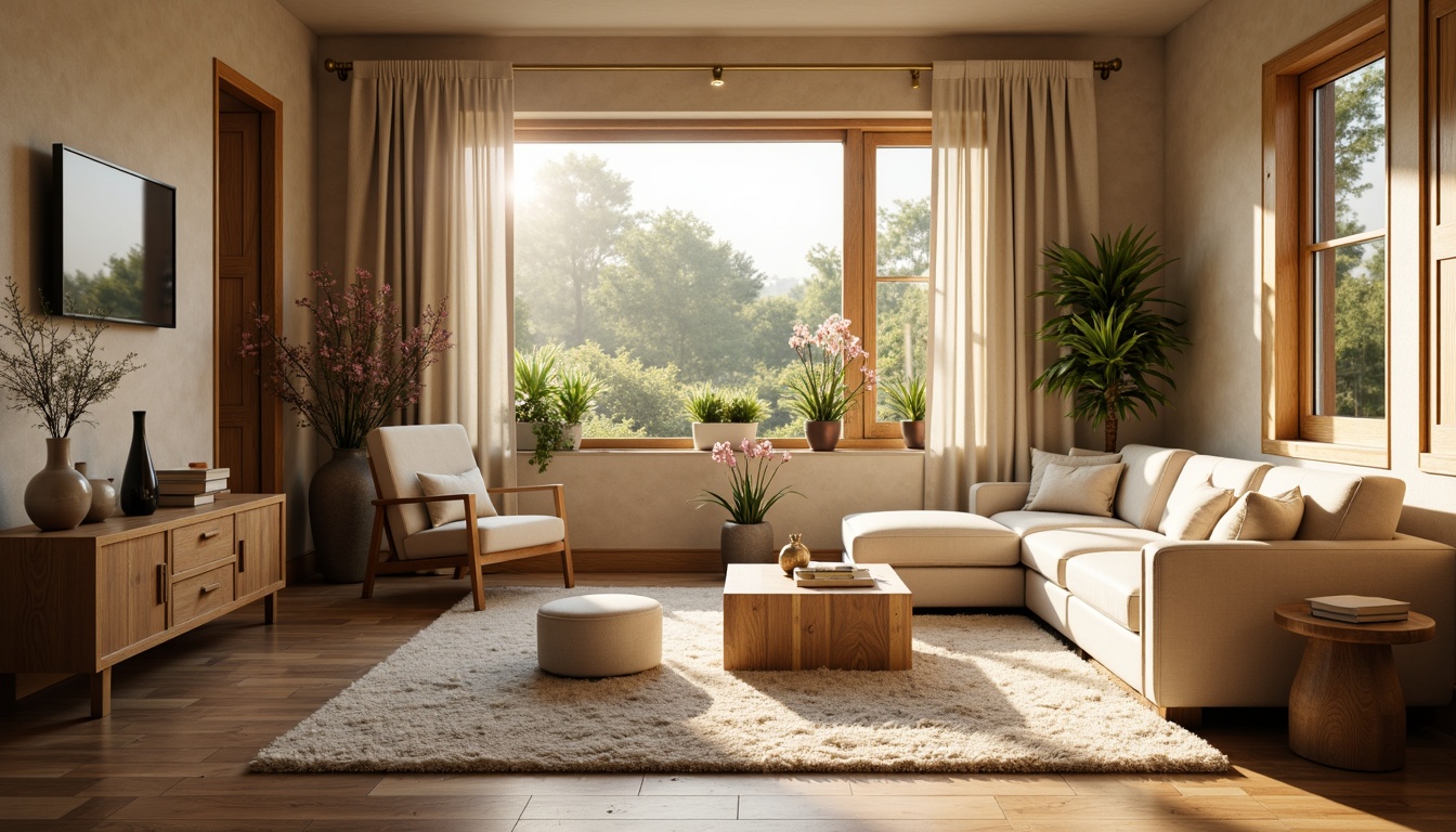 Prompt: Cozy living room, warm beige walls, soft cream furniture, rich wood accents, plush carpeting, calming natural light, large windows, serene outdoor views, blooming flowers, gentle morning sunlight, warm golden lighting, 1/1 composition, intimate atmosphere, inviting textures, realistic materials.