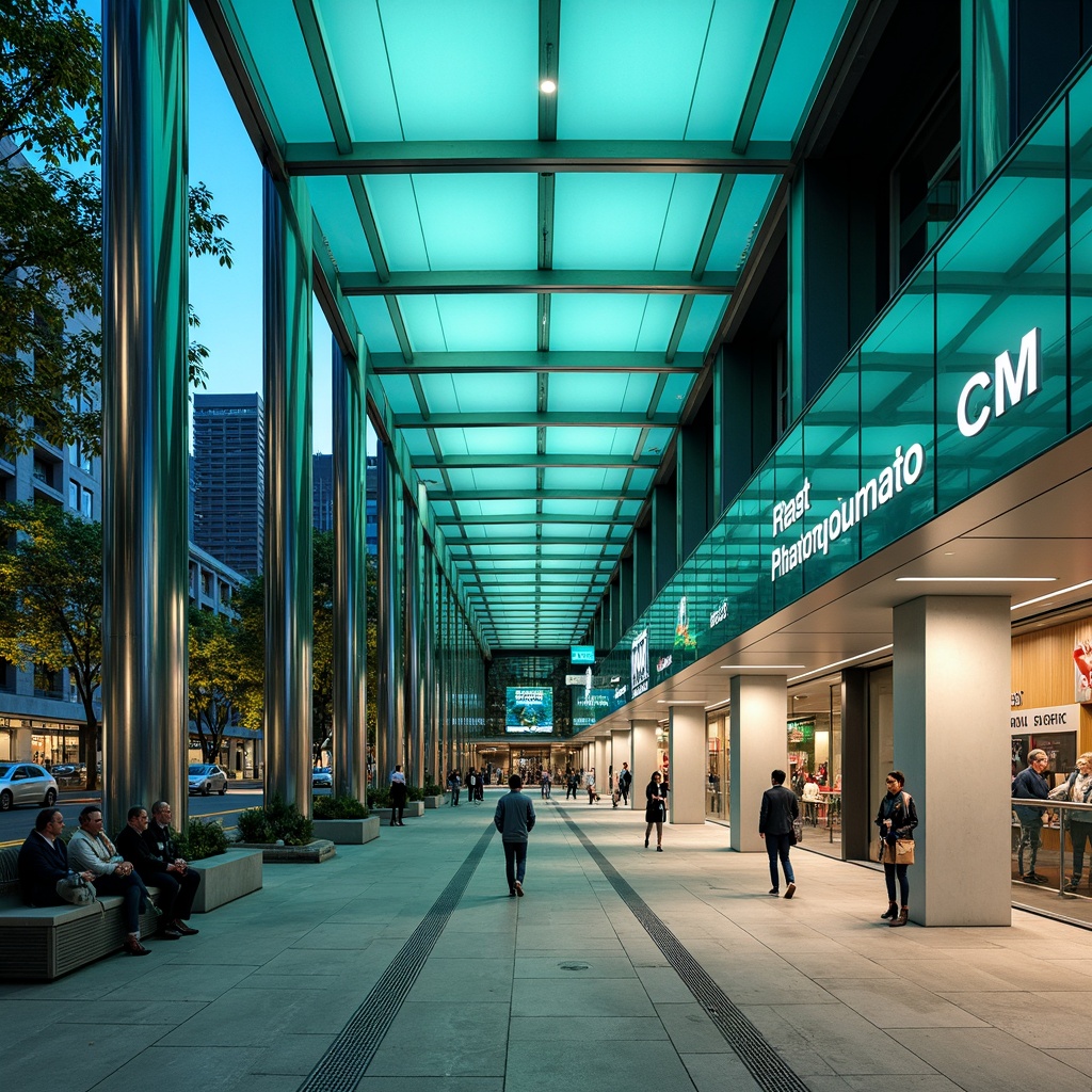 Prompt: Vibrant teal accents, modern bus station architecture, sleek glass fa\u00e7ade, metallic columns, polished concrete floors, futuristic LED lighting, dynamic signage systems, urban cityscape backdrop, morning rush hour atmosphere, soft natural light, shallow depth of field, 1/2 composition, realistic reflections, ambient occlusion, public art installations, minimalist benches, stainless steel railings, geometric patterns on walls and floors.