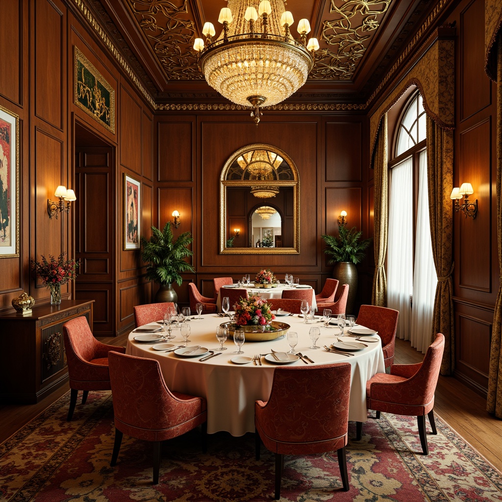 Prompt: Luxurious dining room, ornate wooden paneling, intricate carvings, flowing organic patterns, soft golden lighting, rich velvety fabrics, ornamental mirrors, lavish chandeliers, curved lines, sinuous shapes, floral motifs, nature-inspired designs, warm earthy tones, high ceilings, large windows, draped curtains, elegant wall moldings, decorative friezes, sophisticated color palette, 3/4 composition, shallow depth of field, realistic textures.