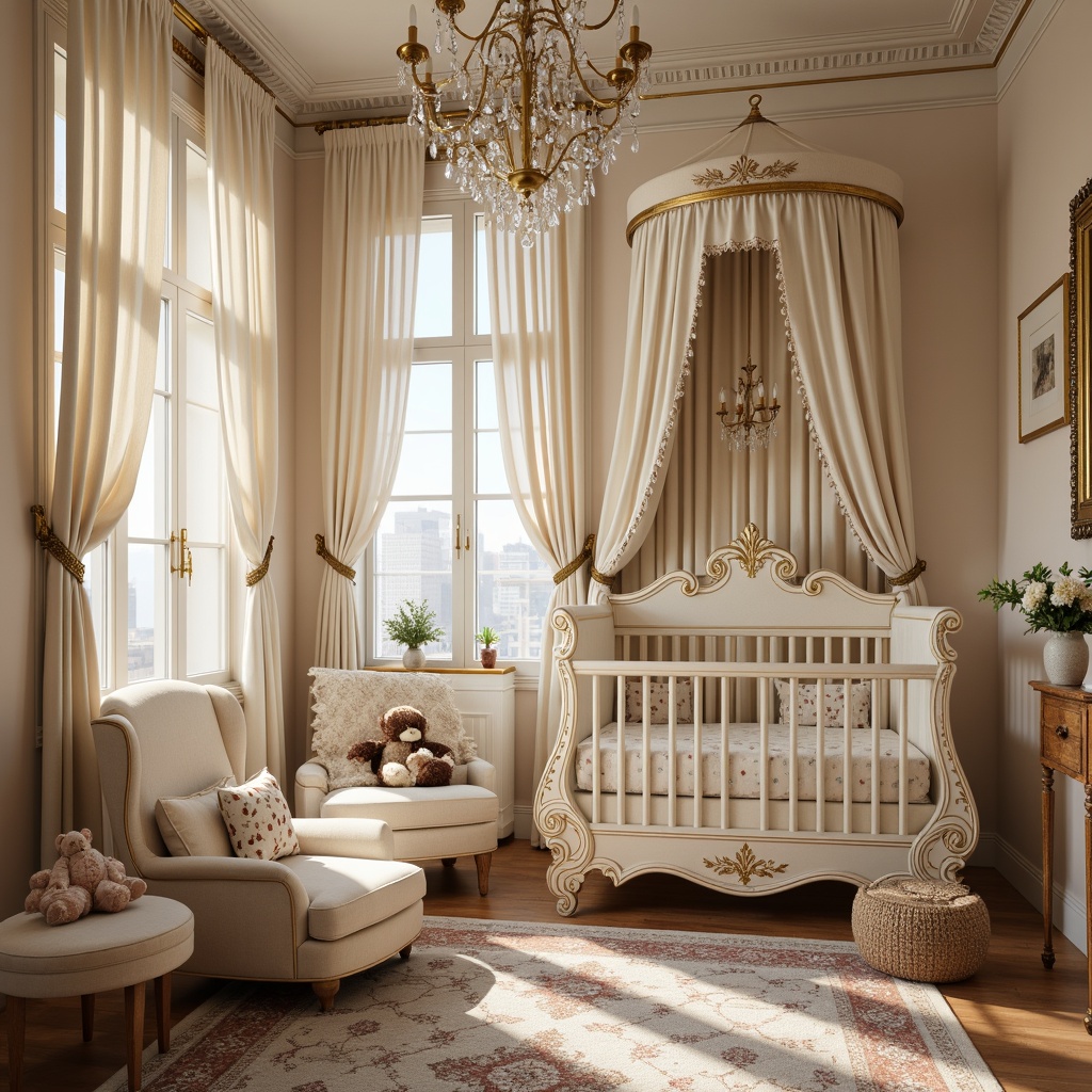 Prompt: Luxurious nursery, ornate crib, intricately carved wooden furniture, soft velvet fabrics, golden accents, delicate lace curtains, pastel color palette, creamy whites, warm beige tones, richly patterned rugs, crystal chandeliers, gentle candlelight, shallow depth of field, 1/1 composition, intimate atmosphere, subtle texture details, warm natural lighting, soft focus, elegant curves, ornate mirror frames, plush toys, delicate florals, tender color grading.